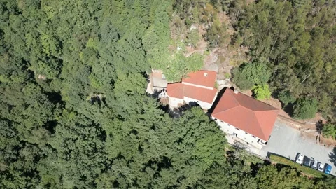 San Pedro de Rocas Monastery Within Ribeira Sacra Forest Pullback, Aerial Stock-Footage 344339537