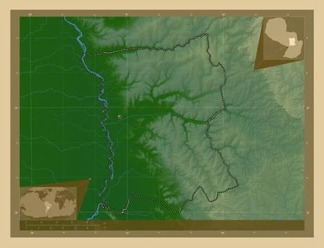 San Pedro, Paraguay. Colored elevation map with lakes and rivers Illustrazione stock