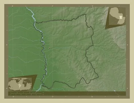 San Pedro, Paraguay. Elevation map colored in wiki style with lakes and river 库存插图