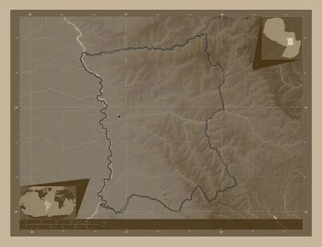 San Pedro, Paraguay. Elevation map colored in sepia tones with lakes and rive 스톡 일러스트