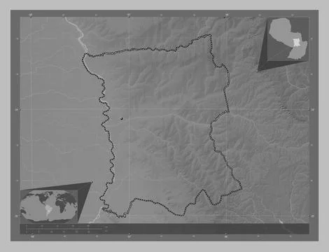 San Pedro, Paraguay. Grayscale elevation map with lakes and rivers Ilustração Stock