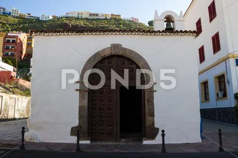 San Sebastian de la Gomera. Street view. Small church. Stock Photos