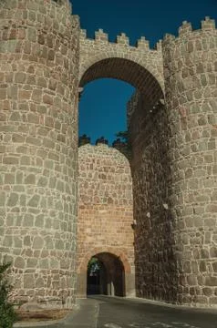 San Vicente Gate between two towers on the city wall of Avila Stock Photos