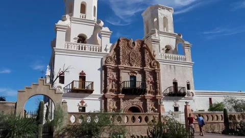 San Xavier del Bac Mission, front view, tourists, 1080p Stock Footage 246064341