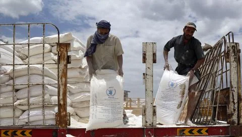 Sana'a local authorities destroy WFP expired food aid, Yemen - 28 Aug 2019 Stock Photos