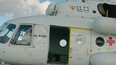 The sanaviation helicopter is preparing for takeoff Stock Footage 149813539