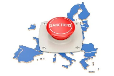 Sanctions button on map of European Union, 3D rendering Stock Illustration