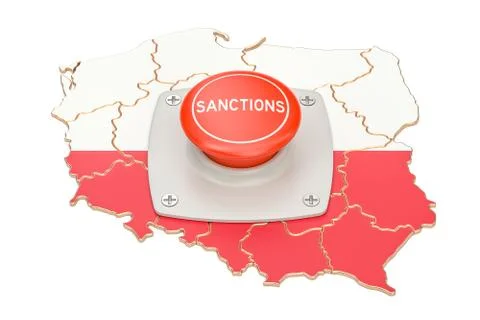 Sanctions button on map of Poland, 3D rendering Stock Illustration