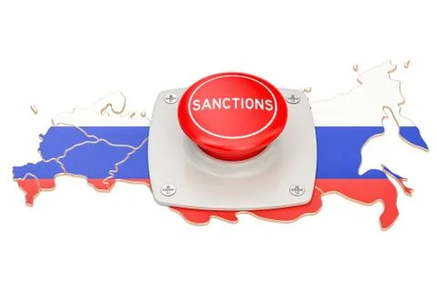 Sanctions button on map of Russia, 3D rendering Stock Illustration