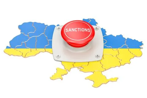 Sanctions button on map of Ukraine, 3D rendering 스톡 일러스트