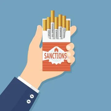 Sanctions concept. Hand holding cigarette pack with sanction. Flat design v.. Stock Illustration