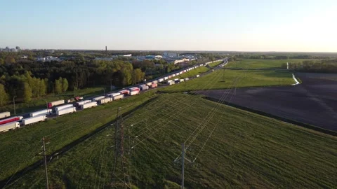 Sanctions. A queue of heavy trucks. View from above. Transport collapse before Stock Footage 262626328
