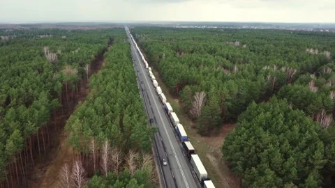 Sanctions. Truck queue. A large congestion of heavy trucks at the border. Stock Footage 236937050