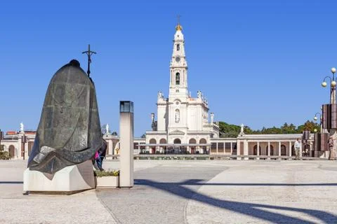 Sanctuary of Fatima. Statue of Pope John Paul II and Our Lady of Rosary Basilica Stock Photos