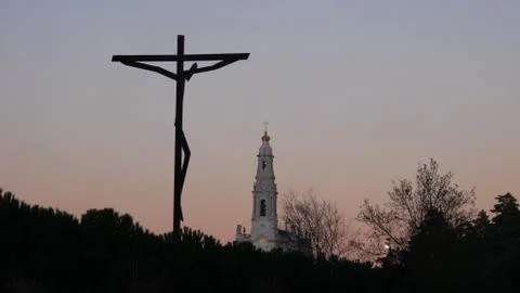 Sanctuary of Lady Fatima and Statue of Jesus at Dusk Stock Photos
