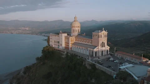 Sanctuary of Tindari baroque facade high angle view, iconic Sicily landmark Stock Footage 156061373