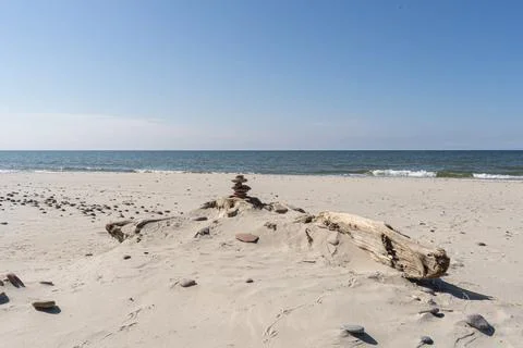 Sand and stack stones on dry log, sea shore Foto stock