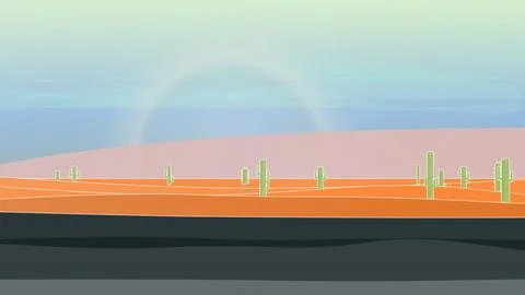 Sand band desert backdrop featuring cactus tree silhouettes and sand field under Stock Illustration