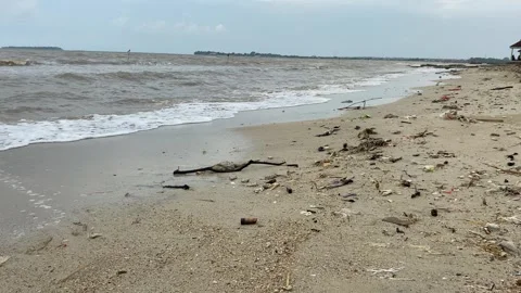 Sand beach with plastic waste and muddy sea water Stock Footage 294850964
