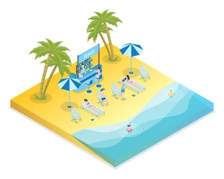 Sand beach recreation isometric vector illustration. Male and female tourists Stock Illustration
