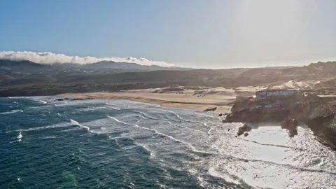 Sand beach surrounded by cliffs, Aerial Paradisiac beach holidays concept Vídeo Stock 220040987