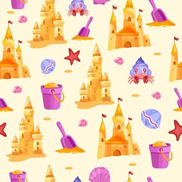 Sand castle vector beach seamless pattern, toy bucket, shovel, red star Illustrazione stock