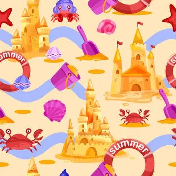 Sand castle vector seamless pattern, summer beach background, crab, lifebuoy Illustrazione stock