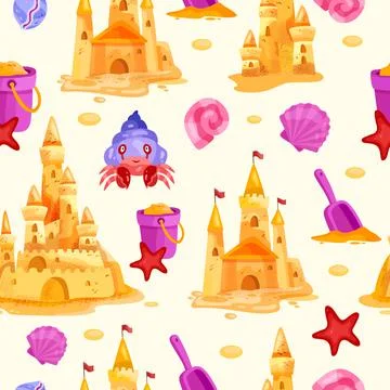 Sand castle vector summer vacation beach seamless pattern, shell, bucket Illustrazione stock