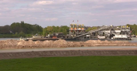Sand classification plant in river landscape - wide shot Stock Footage 75356820