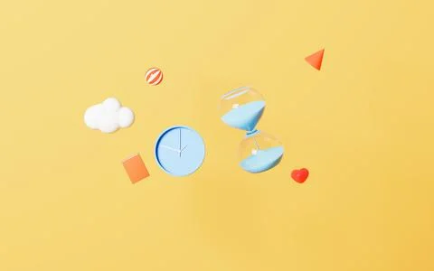 Sand clock and book flying in the air, 3d rendering. Stock Illustration