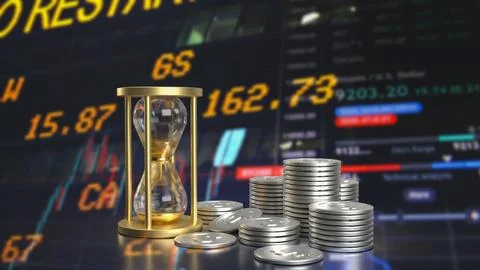 The sand clock and coins  for business concept 3d rendering Stock Illustration