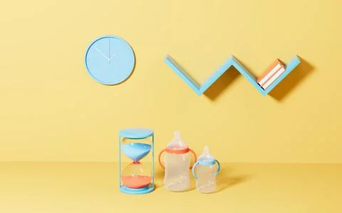 Sand clock and feeder-bottle in a room, 3d rendering. Stock-Illustration