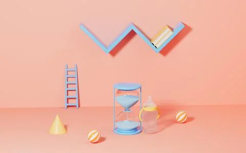 Sand clock and feeder-bottle in a room, 3d rendering. Stock Illustration
