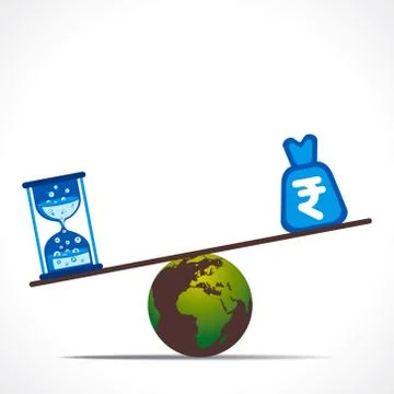 Sand clock and rupee bag weighing on earth concept vector Illustrazione stock