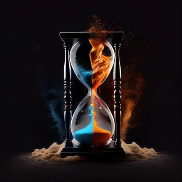 Sand clock in the clash of ice and fire on black background. Stock Illustration
