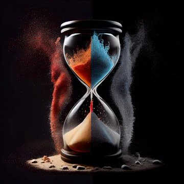 Sand clock in the clash of ice and fire on black background. Stock Illustration