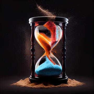 Sand clock in the clash of ice and fire on black background. Stock Illustration
