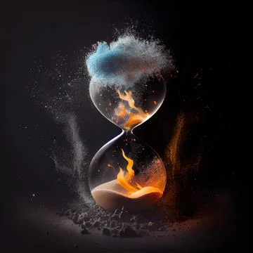 Sand clock with fire flames on black background. Stock Illustration