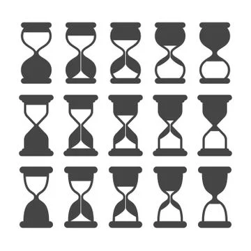 Sand clock or timer silhouette symbols. Retro hourglass, expired black vector Illustrazione stock