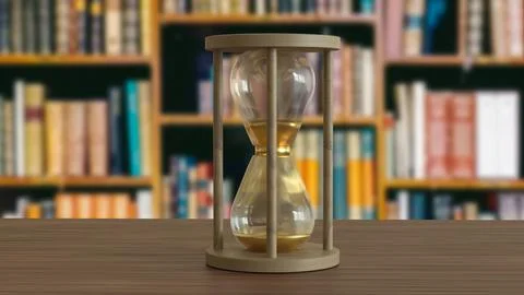 The Sand clock on wood table in library image 3d rendering. Stock Illustration