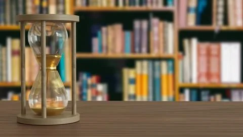 The Sand clock on wood table in library image 3d rendering. Stock Illustration