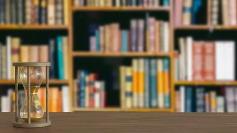 The Sand clock on wood table in library image 3d rendering. Illustrazione stock