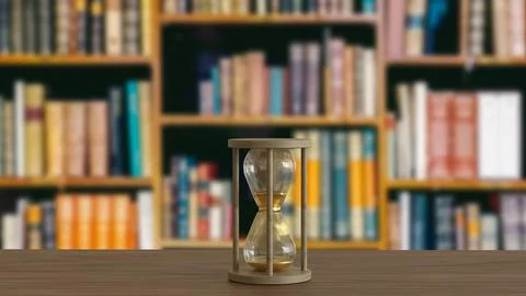 The Sand clock on wood table in library image 3d rendering. Stock Illustration