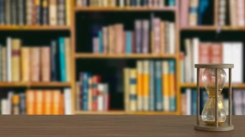 The Sand clock on wood table in library image 3d rendering. イラスト素材