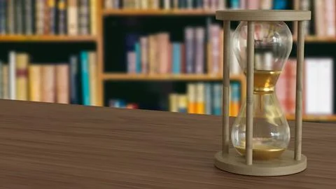 The Sand clock on wood table in library image 3d rendering. Stock Illustration