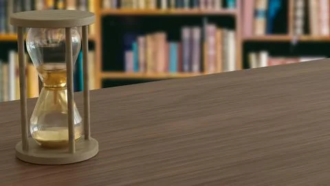 The Sand clock on wood table in library image 3d rendering. 写真素材