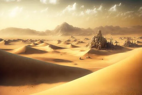 Sand desert scenery, no humans, and a dune setting. Generative AI Stock Illustration