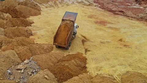 Sand dump in construction area with truck unloading sand at telangana, india Stock Footage 301637475