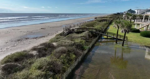 Sand Dune Barrier Between the Homes and the Gulf Aerial View Galveston Texas 스톡 동영상 335760289