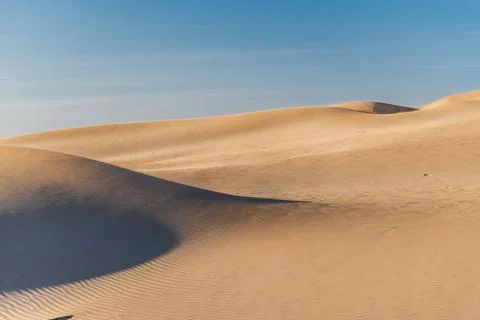 Sand dunes with dramatic shadow patterns under clear blue sky Stock Photos